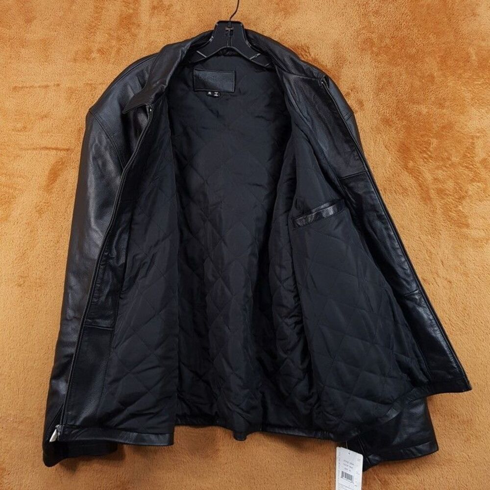 VINTAGE LEATHER Bomber Jacket Men XL Black Genuine Quilted Lined Zip Coat Macys - Picture 4 of 8